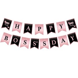 YaYuanSun Happy Boss’s Day Banner Party Decorations Boss Day Party Decoration Banner Best Boss Ever Bunting Banner for Office Decor, Glitter Boss Day Decoration Garlands (Black,Pink)