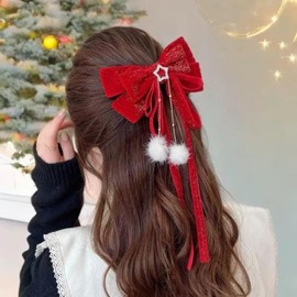 Christmas Hair Bow Clip Red Velvet Bowknot Hair Alligator Barrette with Sparkling Star Rhinestone Tassel Design Elegant Glitters Red Christmas Hair Clip for Women Girls New Year Hair Decorations