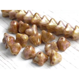 Czech 12 - 7x6mm CZECH GLASS ROSE PINK & BROWN PICASSO, LUSTER 4 PETAL BELL FLOWER