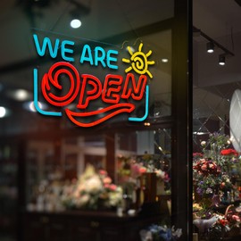 We Are Open Neon Sign Open Sign for Business Smart plug timer compatible USB-Powered Perfect for Business Storefront Window Glass Door Shop Store Florists Bar Salon Cafes Restaurant Pubs (16.1x11.7 Inches)