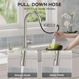 FORIOUS Kitchen Faucet with Pull Down Sprayer, Modern Single Hole Kitchen Sink Faucet with Soap Dispenser, Deck Plate, Brushed Nickel Single Handle, High Arc Stainless Steel for RV Farmhouse Laundry