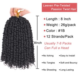 Leeven Pre Twisted Passion Twist Hair 8 Packs 8 Inch Natural Black Pre Looped Crochet Braids Hair Short Bomb Bohemian Braids Synthetic Braiding Hair Extensions for Women #1B
