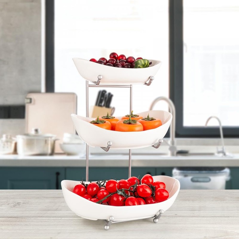YYW 3 Tier Fruit Bowl for Kitchen Counter, White Ceramic