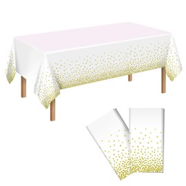 2Pcs White Gold Dot Plastic Disposable Tablecloths, 137 x 274cm Plastic Rectangle Table Covers for Party