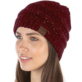 Womens Beanie Soft Knit Classic Ribbed Slouch Hat - Burgundy Confetti