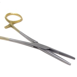 Stainless Steel Multi Use Kelly Hemostat Forceps with Half Serrated Jaws, Pack of 5.5" Curved + Straight Pliers with Box Lock and 3 Position Locking Mechanism, Gold Handle Clamps