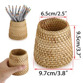 JuxYes Handmade Rattan Pens & Pencil Holder for Desk - WovenWoven Pen Cup Desktop Organizer For Office Supplies Wicker Makeup Brush Holder Straw Storage Tube(Cone)