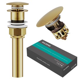AULEEND Bathroom Sink Drain with Strainer Basket and Pop-Up Drain Stopper Set (Gold, Without Overflow)