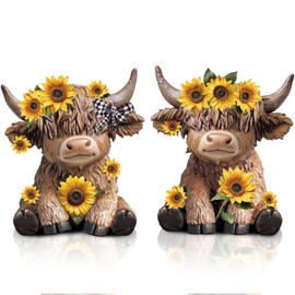 Wesiti 2 Pcs Highland Cow Figurines Spring Sunflower Highland Cow Gnomes Scottish Resin Statue Calf Lovers Gifts for Summer Home Garden Kitchen Office Tiered Tray Table Decor(Sunflower)