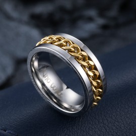 King Will 8mm Silver Spinner Ring Stainless Steel Fidget Ring Anxiety Ring For Men Gold Curb Chain Inlay 9.5