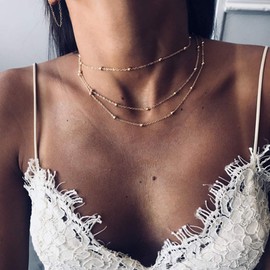 TseenYi Boho Satellite Chain Necklace Gold Layering Dew Drop Necklace Choker Vintage Neck Chain Jewelry for Women and Girls
