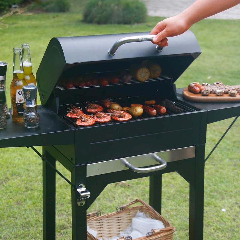 MASTER COOK Charcoal Grill with Two Side Tables, Heavy-duty Steel