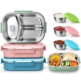 FoldTier 3 Pack Stainless Steel Lunch Boxes Includes 3 Lidded Condiment Cups, 3 Compartment Bento Box Set, Leakproof Lunch Container, Freezer & Dishwasher Safe for Work, Office, Picnic, Travel