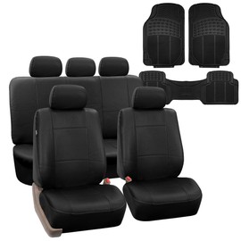FH Group PU002115 + F11306 Premium PU Leather Seat Covers (Black) Full Set – Universal Fit for Cars Trucks and SUVs