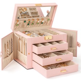 AKOZLIN Large 4-Tier Jewelry Box Leather Jewelry Storage Organizer with 3 Drawers Lockable for Women Girls Ring Necklace Earring Bracelet Watches Holder with Mirror Pink