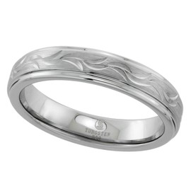 Silver Finish 4.5mm Tungsten Wedding Ring for Women Vine Pattern Handcarved Recessed Edges Comfort fit Size 6