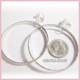CLIP ON 2-1/4" SILVER TONE Textured Hoop Non-Pierced Earrings H1