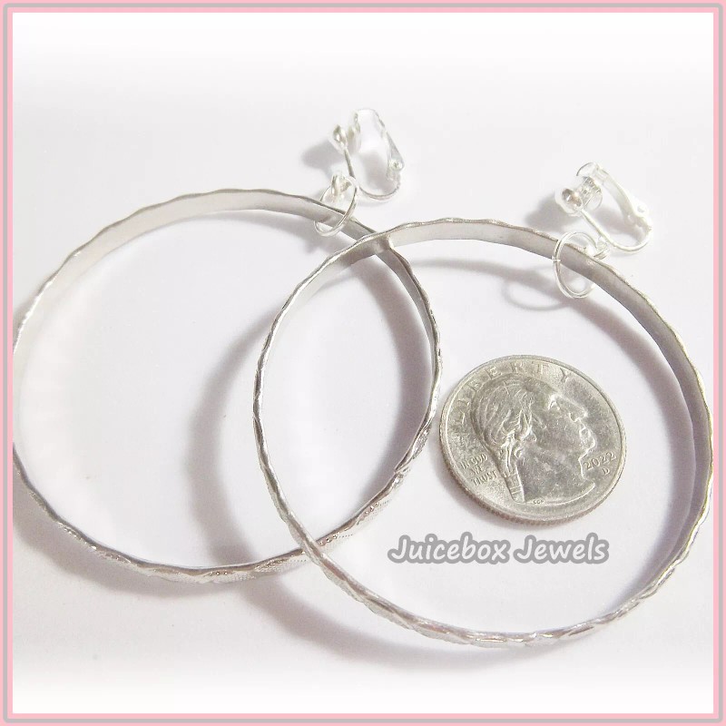 CLIP ON 2-1/4" SILVER TONE Textured Hoop Non-Pierced Earrings H1