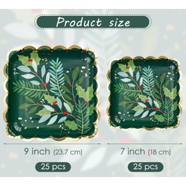 WRAPAHOLIC 50Pcs Christmas Paper Plates - 7 & 9 Inch Gold Foil and Green Holly Berry Disposable Plates Decorative Dinner Dessert Plates for Christmas Party Tableware Supplies Table Decor
