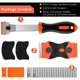 Razor  Scraper, 2 count Razor Scraper Tool for Removing Label, Registration Sticker, Tint,  from Windshield, Appliance, Glass (Extra 20 Metal and 10 Plastic ) - Colour: Orange-2PCS