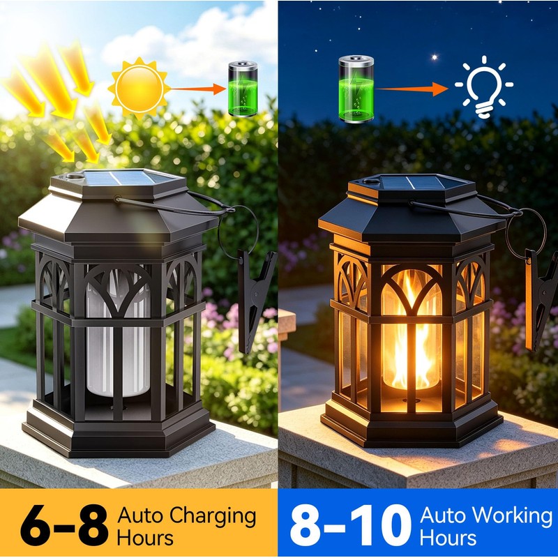 Amzxart 2 Pack Solar Lantern Outdoor Lights, Upgraded Flame Solar