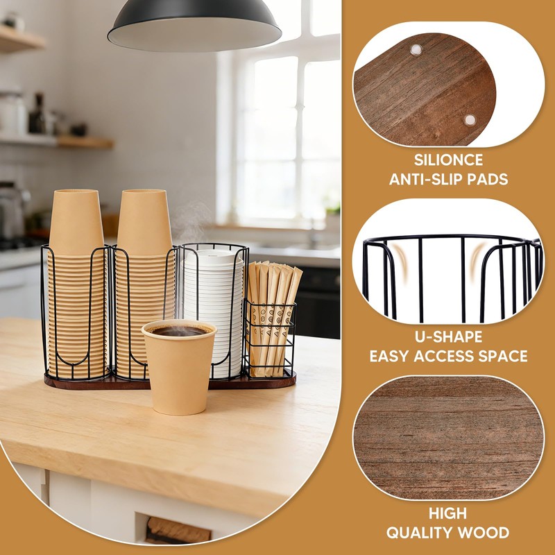 MOJIEZUO 4-Compartment 18oz Coffee Cup Dispenser Rack with Wood Base,