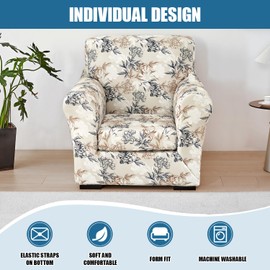 JQinHome 2 Piece Stretch Sofa Cover Printed Couch Covers, Floral Pattern Armchair Slipcover with Separate Chair Cushion Cover, Washable Furniture Protector for Living Room(Armchair,Flowers Shadow)