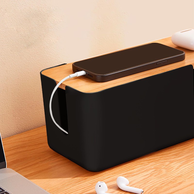 JJQHYC Cable Box Black Cable Box with Bamboo Lid Large