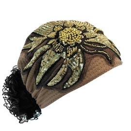 Gebell Women’s Turban Hat - Flower Sequin Cap Breathable Elegant Fashionable Headwear with Black Lace Decor for Daily Wear Party Home