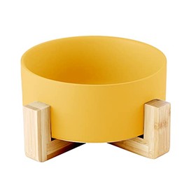 MATCHI Plato De Cerámica Comedero, Bebedro para Perros Y Gatos con Base De Bambú (Amarillo)