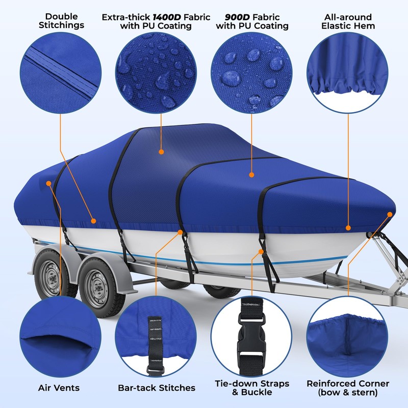 Boat Cover with Motor Cover, 1400D Center Reinforced, 14'-16'