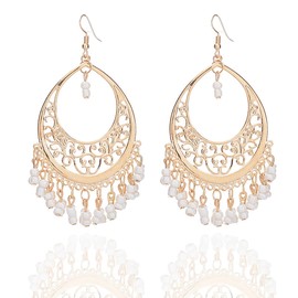 Bohemian Drop Dangle Earrings for Women Vintage Cut-Out Dangling Chandelier Earrings Bohemian Style Beaded Tassel Earrings Hypoallergenic Vintage Jewelry (White)