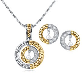 UNY Classic 2 Tone Plated Dots Circle Unique Design Crystal Earring Enhancer Pendant Necklace Hardy Fashion Jewelry Set, Silver