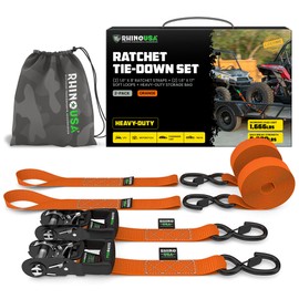 Rhino USA Ratchet Straps Heavy Duty Kit (4-Pack) - 1.6 Inch x 8 Feet Min Break Strength (5,000) - Ultimate Tie Down Straps with Safety S Hooks for Trucks, ATV, UTV, Motorcycle, Cargo & More - Green