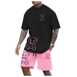 GORGLITTER Men's 2 Piece Outfits Bear Letter Print Graphic Tee and Drawstring Waist Track Shorts Set, Black and Pink Cartoon, Medium