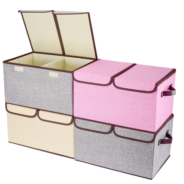 senbowe Larger Storage Cubes [4-Pack] Linen Fabric Foldable Collapsible Storage Cube Bin Organizer Basket with Lid, Handles, Removable Divider For Home, Nursery, Closet - (16.5 x 11.8 x 9.8”)