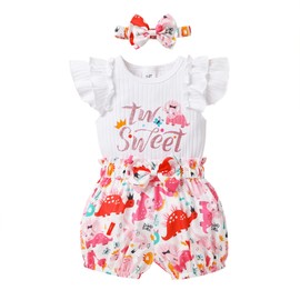 Happy Town Toddler Baby Girl Two Sweet 2nd Birthday Outfits Shorts Set Bowknot 2T Shirts Summer Clothes with Headband (1-2T,Dinosaur Two Sweet)