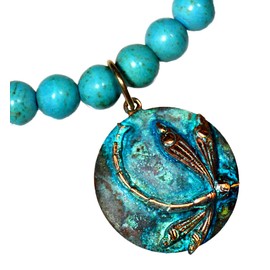 Elaine Coyne Collectible Artwear Verdigris Patina Wearable Art Dragonfly on Domed Circle Necklace - Turquoise