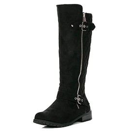 Forever Mango-21 Women's Winkle Back Shaft Side Zip Knee High Flat Riding Boots Black Nubuck 6.5