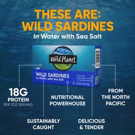 Wild Planet Wild Sardines in Water with Sea Salt, Tinned Fish, Non-GMO, Sustainable 4.4 Ounce (Pack of 12)