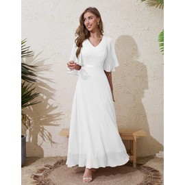 Dresstells Women's Ball Gown, Long Evening Dress, with Short Sleeves, Elegant, for Weddings, White