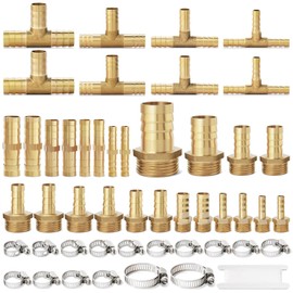 Josaton 49Pcs Brass Hose Barb Fittings 1/8" 3/16" 1/4" 5/16" 3/8" 1/2" 3/4'' 1'' Barb x Male BSP Hose Barb Connector Barb Straight Splicer Tee 3 Way Barb Fittings with Hose Clamp for Water Fuel