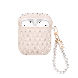 Glitter Diamond Design for AirPods 1/2 Case with Pearl Wrist Chain Keychain,Colorful Sparkle Bling Crystal Airpod 2nd Generation TPU Shock Proof Protective Skin Cover for Women Girls -Beige