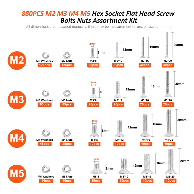 FullFun 880PCS M2 M3 M4 M5 Hex Socket Flat Head