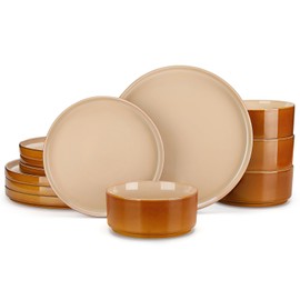 vancasso ONION Ceramic Plates and Bowls Sets, 12 Pieces Brown Dinnerware Sets for Kitchen, Reactive Glaze Dishes Set for 4, Dishwasher and Microwave Safe