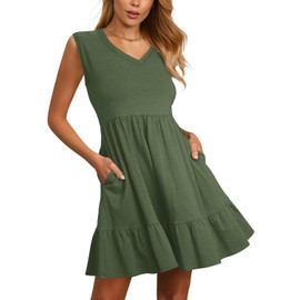 Nova In Sky Womens Casual Summer Tiered Dresses Cute Pleated Dress Swing V Neck Ruffle Mini Dress with Pockets Army Green L