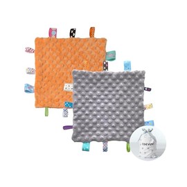 CREVENT Tag Security Blankets for Babies, Soft Small Loveys for Girls, Baby Comforter Sensory Blanket, Great Gifts for Birthday Baby Shower 10"X10" (Grey + Orange)