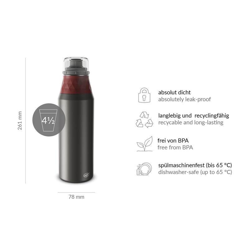 alfi Endless Bottle 900 ml, Medium Red, Lightweight Stainless Steel