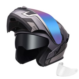 JQF Gear Modular Motorcycle Helmet Dual Visor Flip Up Full Face Helmets FF808 DOT Approved for Adults Men Women (Gray Mech Man, M)
