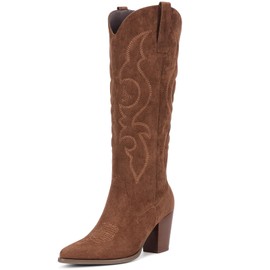 Pasuot Suede Cowboy Boots for Women - Western Knee High Cowgirl Boots with Side Zipper, Retro Pointed Toe Tall Block Heel Pull On Long Boot Fall Winter Concert Rodeo Festival Daily Dark Brown Size 6.5